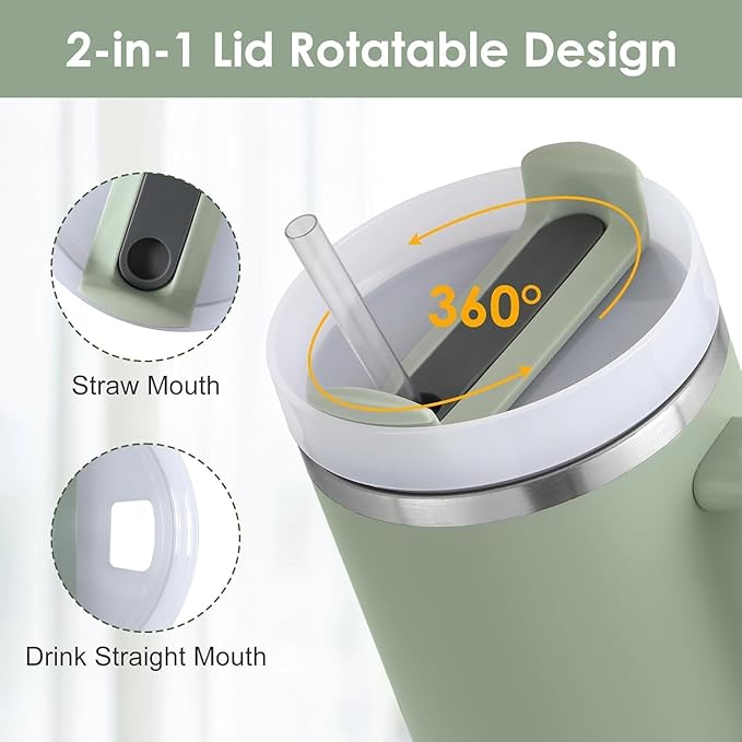 Insulated Tumbler, 1200 ml, Double-Walled Stainless Steel, with Handle and Straw - Green