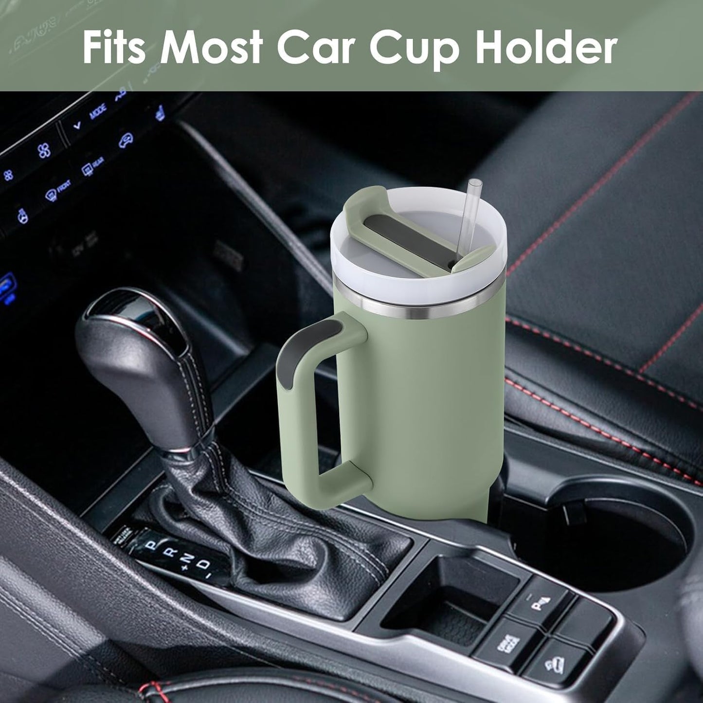 Insulated Tumbler, 1200 ml, Double-Walled Stainless Steel, with Handle and Straw - Green