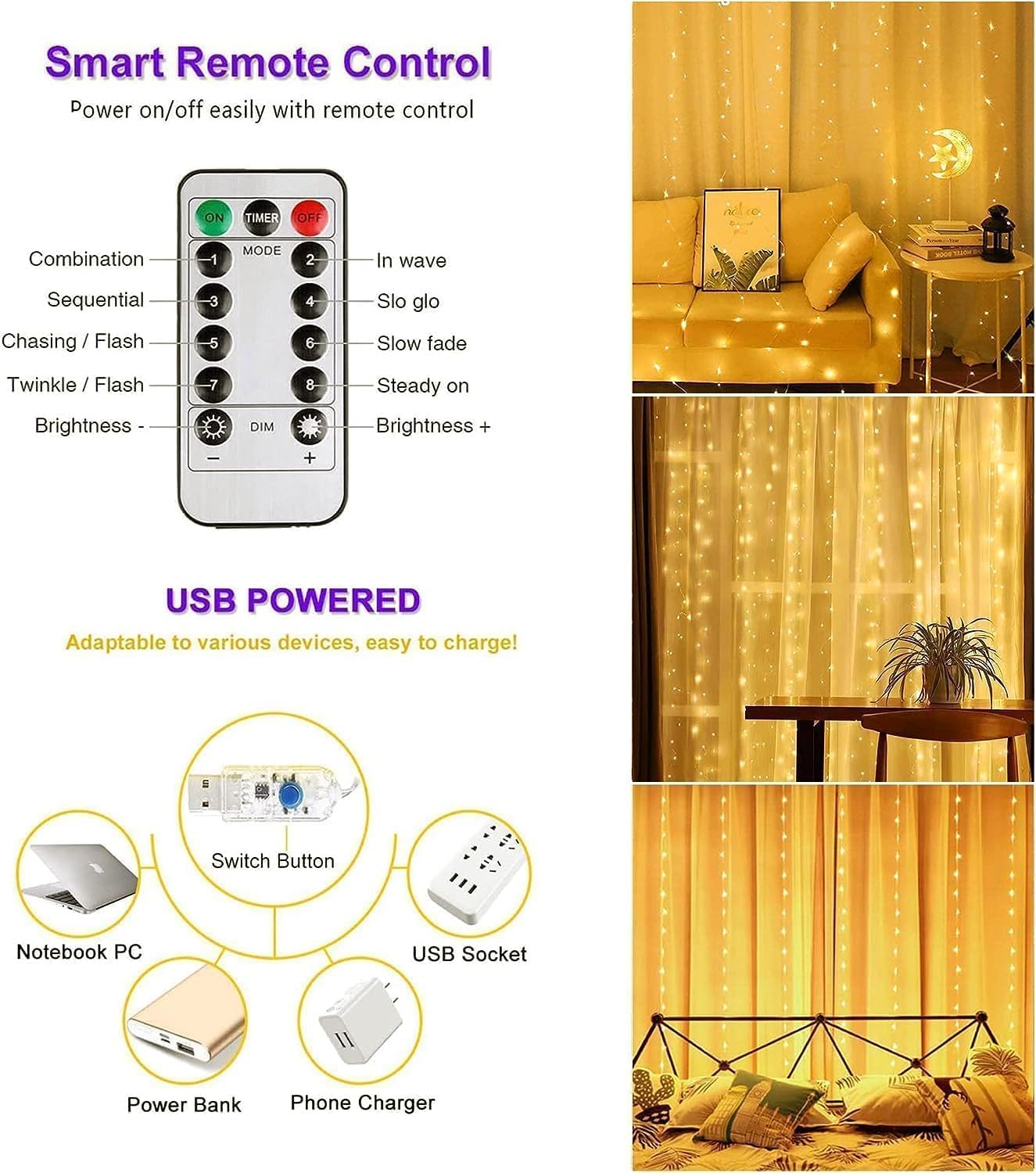 Fairy Curtain String Lights β 3x3M, Warm White, 300 LEDs (USB Powered)