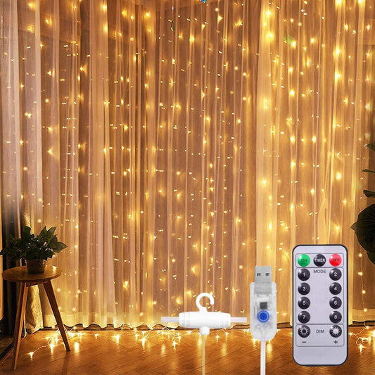 Fairy Curtain String Lights – 3x3M, Warm White, 300 LEDs (USB Powered)
