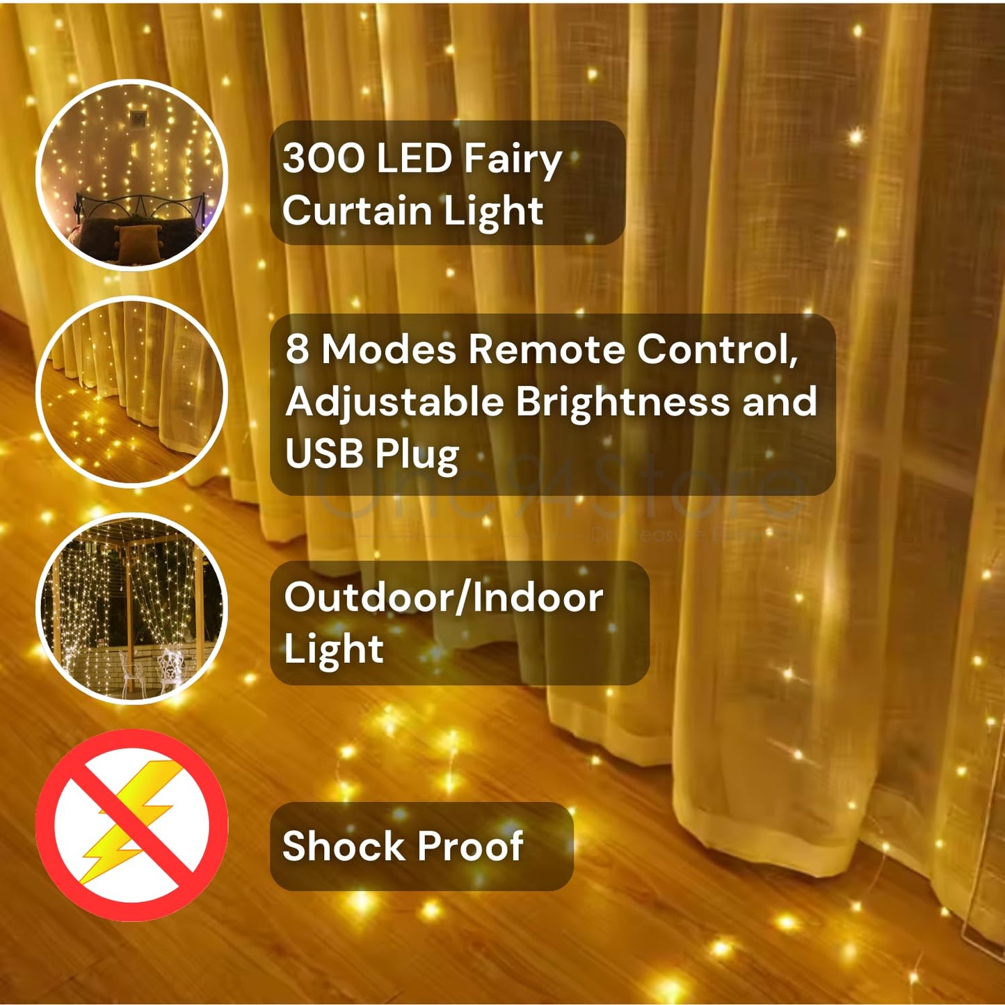 Fairy Curtain String Lights β 3x3M, Warm White, 300 LEDs (USB Powered)