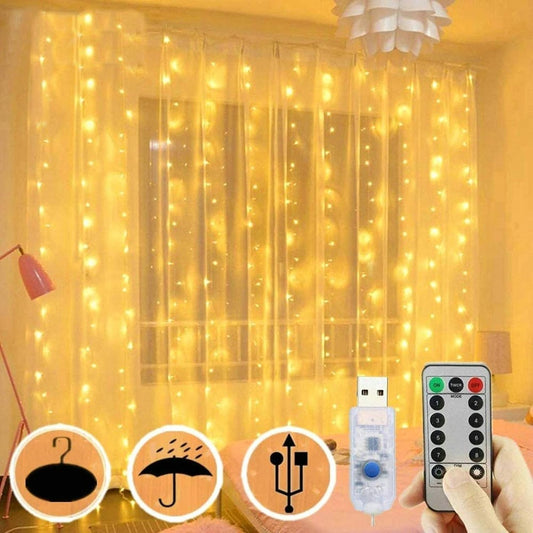 Fairy Curtain String Lights – 3x3M, Warm White, 300 LEDs (USB Powered)