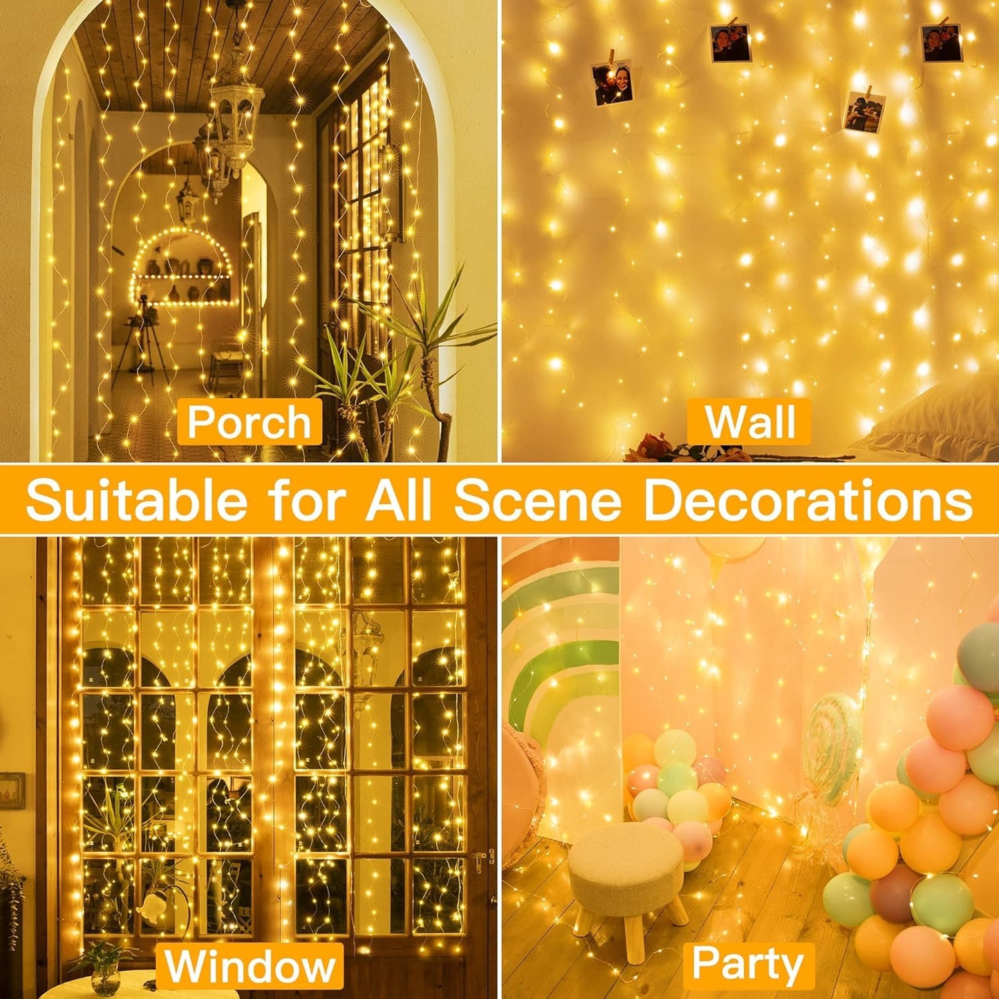 Fairy Curtain String Lights β 3x3M, Warm White, 300 LEDs (USB Powered)