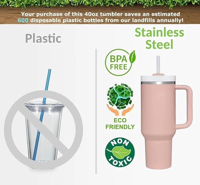 Insulated Tumbler, 1200 ml, Double-Walled Stainless Steel, with Handle and Straw - Pink