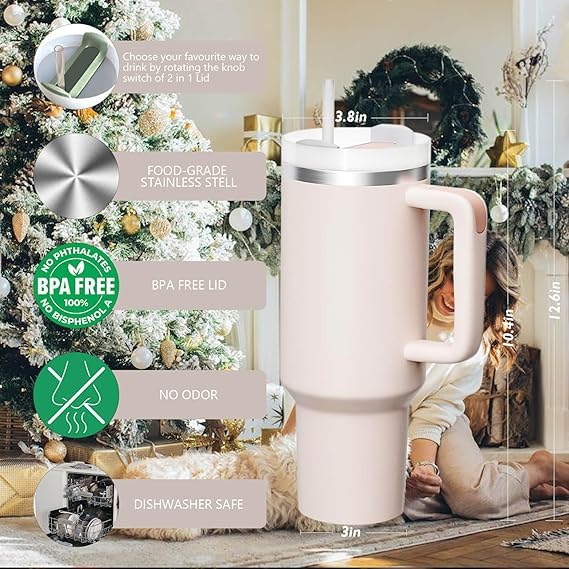 Insulated Tumbler, 1200 ml, Double-Walled Stainless Steel, with Handle and Straw - Pink