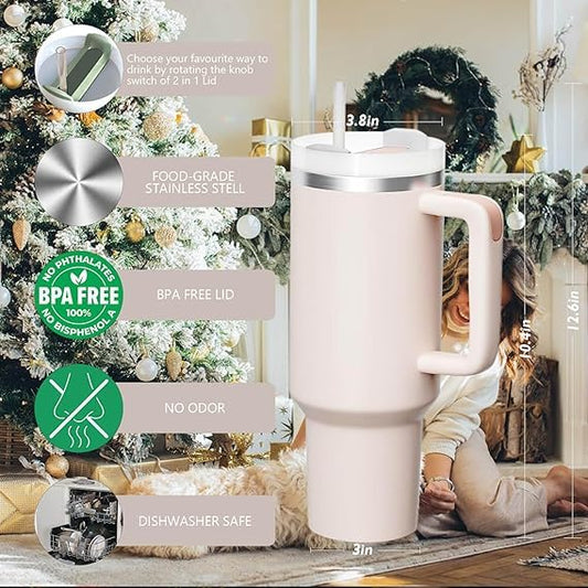 Insulated Tumbler, 1200 ml, Double-Walled Stainless Steel, with Handle and Straw - Pink