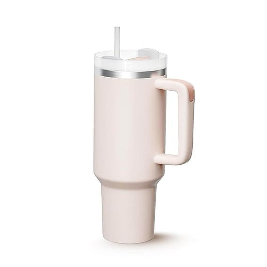 Insulated Tumbler, 1200 ml, Double-Walled Stainless Steel, with Handle and Straw - Pink