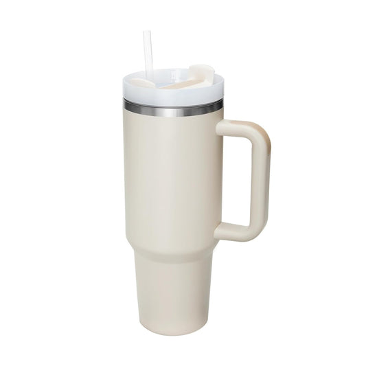 Insulated Tumbler, 1200 ml, Double-Walled Stainless Steel, with Handle and Straw - Ivory