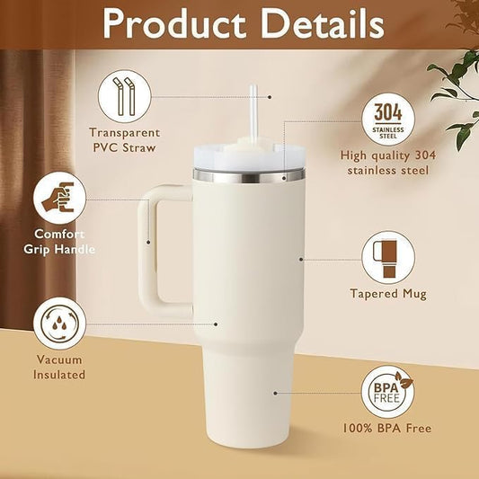 Insulated Tumbler, 1200 ml, Double-Walled Stainless Steel, with Handle and Straw - Ivory