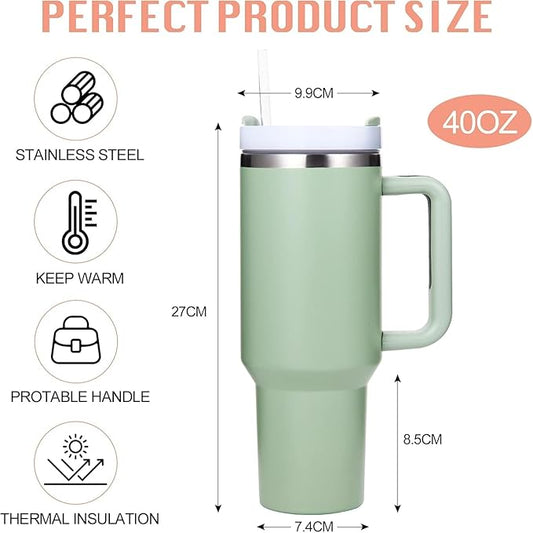 Insulated Tumbler, 1200 ml, Double-Walled Stainless Steel, with Handle and Straw - Green