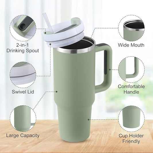 Insulated Tumbler, 1200 ml, Double-Walled Stainless Steel, with Handle and Straw - Green