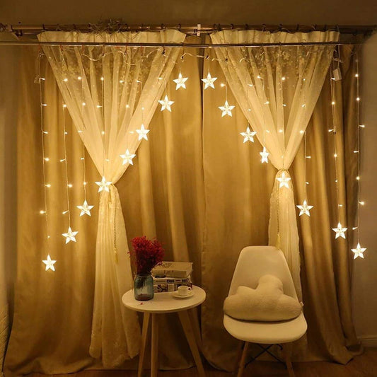 16 Star LED Curtain Fairy Lights – 136 LEDs, 3M (Warm White, Battery Powered)